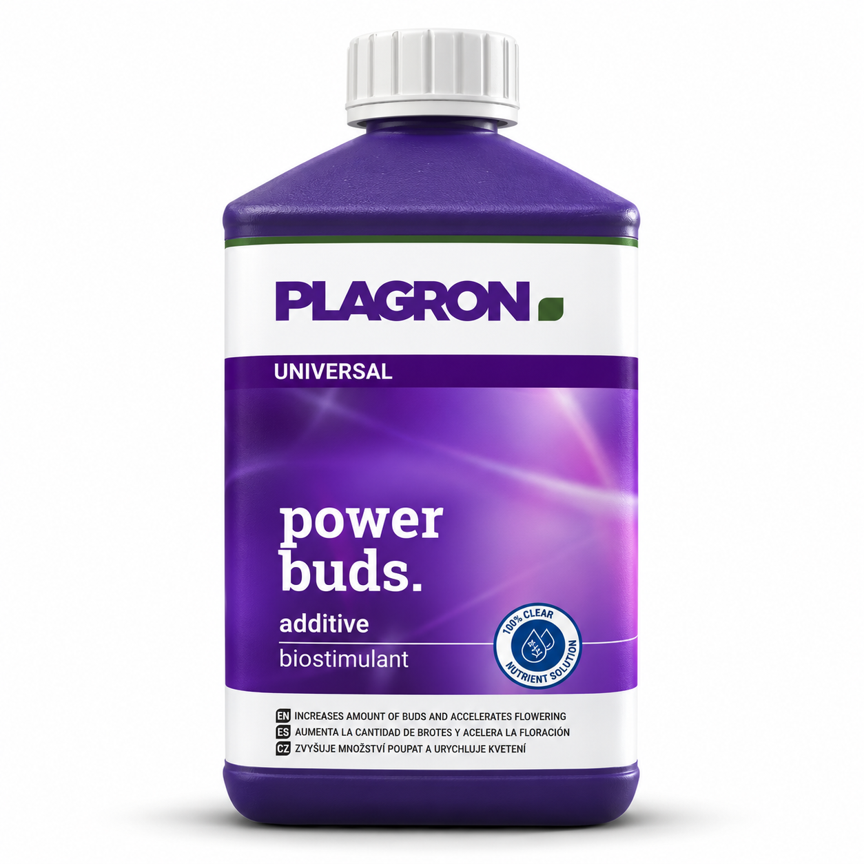 Plagron Power Buds 500 ml purple bottle with white cap on a white background.